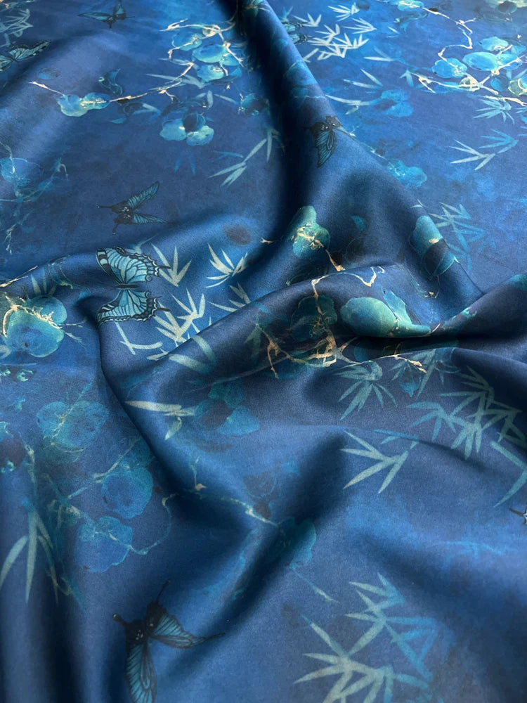 Stretch Gambiered Gauze Silk Fabric with Magic Blue Floral Printed Design for Cheongsam Horse Face Skrit Dress,47'' Wide 25MM,DIY Sewing Material E1559