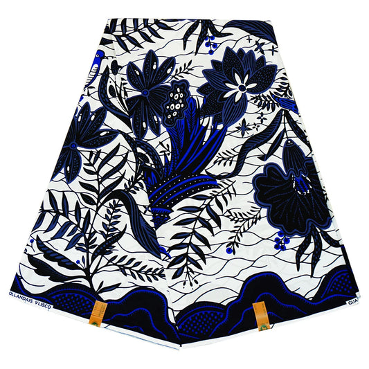 African Batik Fabric, Black Blue Plants Printed Cotton Wax Fabric for Spring Summer Clothing Curtains Sofa,115CM Wide DIY Sewing Material R871