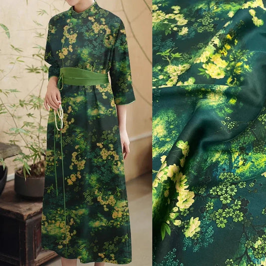 Luxurious 47'' Wide 25MM Thickness Silk Spandex Fabric by Yard with Green Plants Print - Perfect for Dress & Cheongsam DIY Sewing Silk Fabric Material - D1251