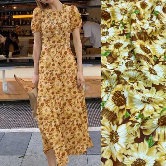 55'' Wide 25MM Yellow Daisy Printed Golden Heavy Silk Fabric by Yard for Summer Spring Plants Blouse Dress Cheongsam DIY Sewing Material D1213