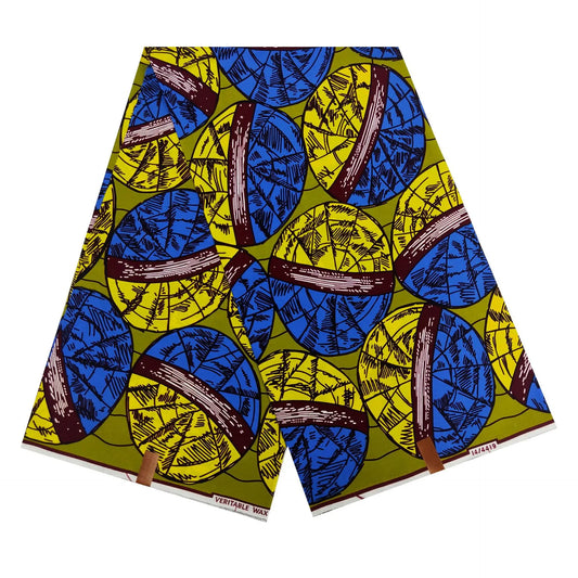 Dark Green African Wax Batik Fabric with Blue Yellow Print,6 Yards Long,Clothing Curtains Sofa,DIY Sewing Cotton Fabric R988