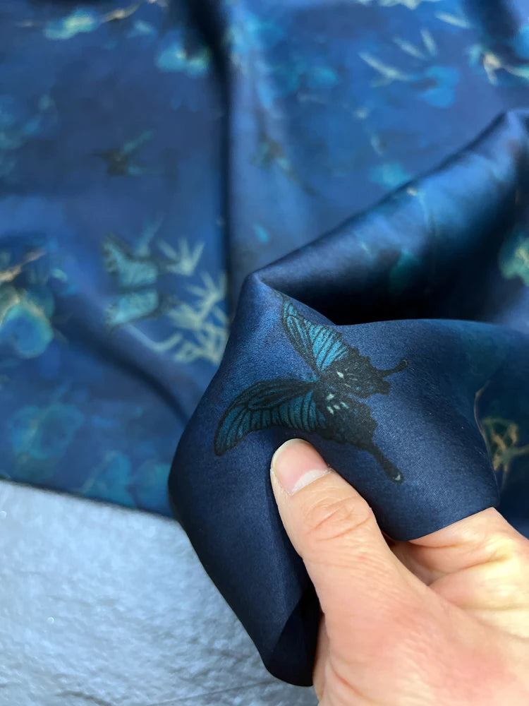 Stretch Gambiered Gauze Silk Fabric with Magic Blue Floral Printed Design for Cheongsam Horse Face Skrit Dress,47'' Wide 25MM,DIY Sewing Material E1559