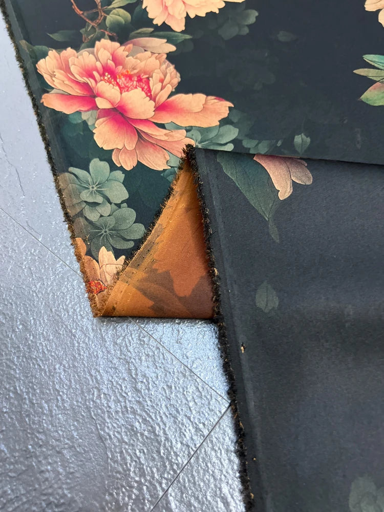 Orange Floral Printed on Black 47'' Wide 25MM Gambiered Gauze Silk Fabric Design for Cheongsam Horse Face Skrit Dress Summer DIY Sewing Material by Yard E1593