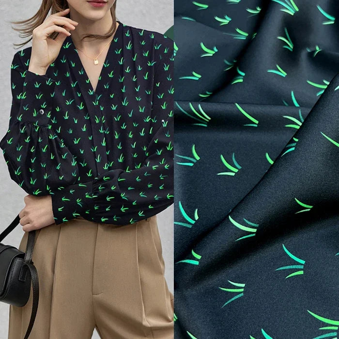 55'' Wide 20MM Thickness Stretch Grass Printed Black Twill Silk Fabric by Yard for Summer Spring Plants Blouse Dress Cheongsam DIY Sewing Material D1163