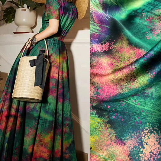 Magic Color Forest Printed Gambiered Guangdong Gauze Silk Fabric for Pants Dress,47'' Wide 25MM Red Cloud Yarn Fabric by Yard DIY Sewing Material E1552