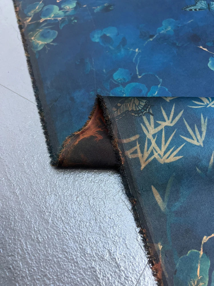 Stretch Gambiered Gauze Silk Fabric with Magic Blue Floral Printed Design for Cheongsam Horse Face Skrit Dress,47'' Wide 25MM,DIY Sewing Material E1559