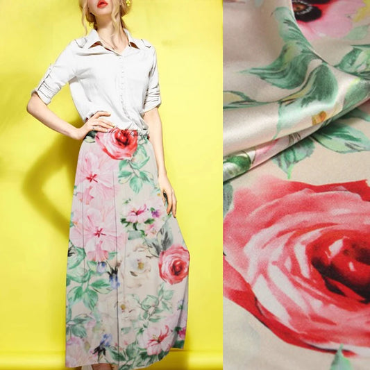 41.3'' Wide 20MM Stretch Silk Satin Fabric with Gorgeous Floral Print for DIY Sewing Spring Summer Comfortable Dress Pants Pajamas R1851