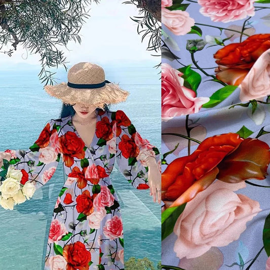 18 Momme 55''Width Silk Crepe de Chine Fabric for Sewing Blouse,Dresses,Pajamas DIY Crafts,Stretch Silk Spandex Soft Thin Material(Gorgeous Rose Printed,1yards) D1304