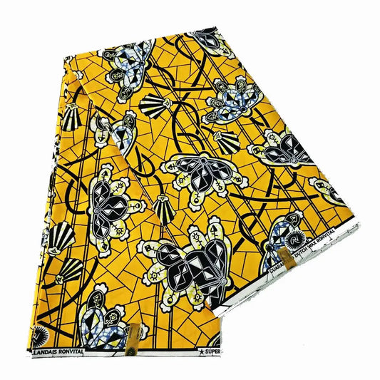 African Style Wax Fabric with Batik Design Floral Printed Yellow Cotton Material for Summer Clothing Sofa,6 Yards Long R1059