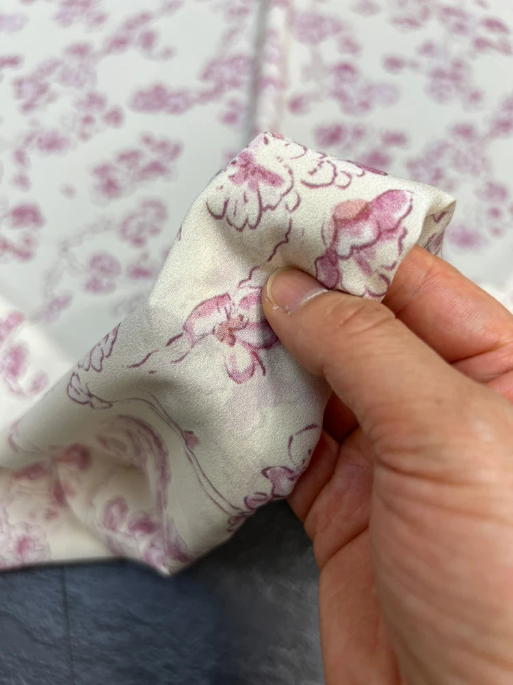 Stretch Comfortable Silk Crepe de Chine Fabric - Pink Floral Printed on White Design, Fabric for Summer Dress Pants-DIY Sewing Material D1497