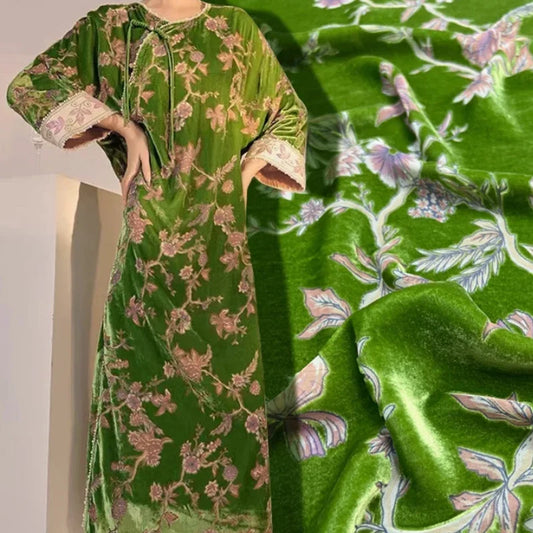 55'' Width Silk Rayon Velour Fabric for Sewing Floral Green Spring Autumn Warm Dress Cheongsam Clothing DIY Flocking Material R1305