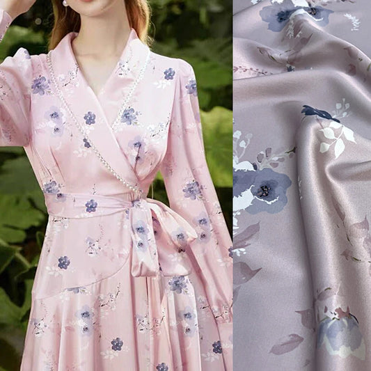 Silk Satin Fabric with Grey Floral on Dark Pink Print Design-140CM Width,20MM,Stretch Fabric for Summer Shirt Dress Pants D1631