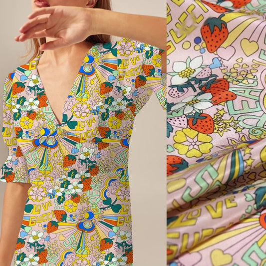 43.3'' Wide 12MM Colorful Printed Pink Thin Silk Crepe de Chine Fabric for DIY Sewing Summer Dress Pants Blouse Pajamas R1840
