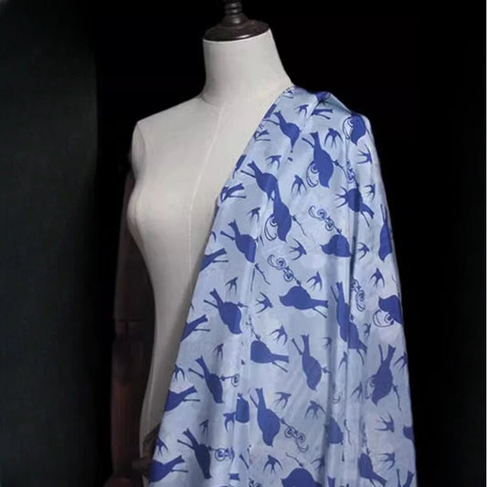 41.7'' Wide 15MM Blue Birds Printed Thin Silk Fabric for DIY Sewing Summer Shirt Blouse Jacket Dress Coat R1878