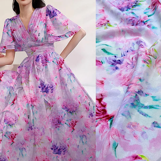 Mulberry Silk Spandex Fabric 55'' Width 18m/m Crepe de Chine Silk by 1 Yard for Comfortable Pajamas,Shirt,Dress or DIY Crafts Gorgeous Colorful Floral Printed Design Material for DIY Sewing D1528