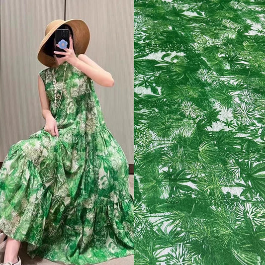55'' Wide 15.5MM Green Printed 30% Silk 70% Linen Fabric by Yard for Summer Shirt Dress A Little Transparent and Hard Fabric DIY Sewing Material D1328