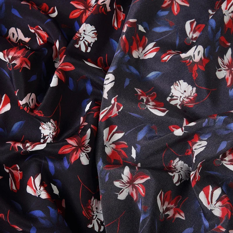 55'' Wide 16MM Floral Print Red Blue Silk Crepe de Chine Fabric for Summer Thin Dress Shirt Clothes Cheongsam DIY Sewing Material Y028