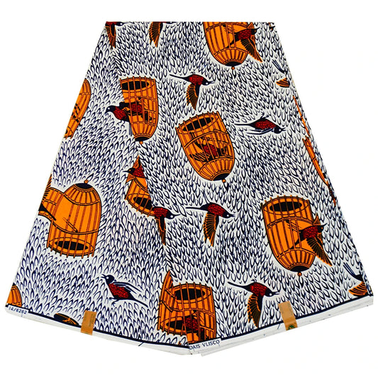 24*24Yarns African Batik Cotton Fabric with Oranged Birdcage and Birds,Wax Fabric for DIY Sewing Summer Spring Home Clothing R840