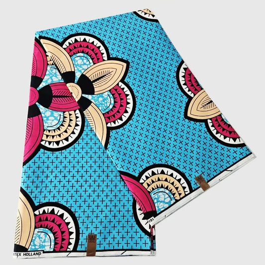 6 Yards Long African Wax Fabric with Floral Print on Blue,Cotton Batik Spring Clothing Curtains Pants 115CM Wide 24*24Yarns DIY Sewing Material R926