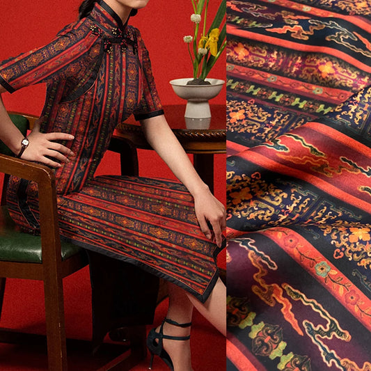 47'' Wide 25MM Thick Stretch Gambiered Gauze Silk Fabric with Special Printed Design for Cheongsam Horse Face Skrit Dress Pants,DIY Sewing Material E1564