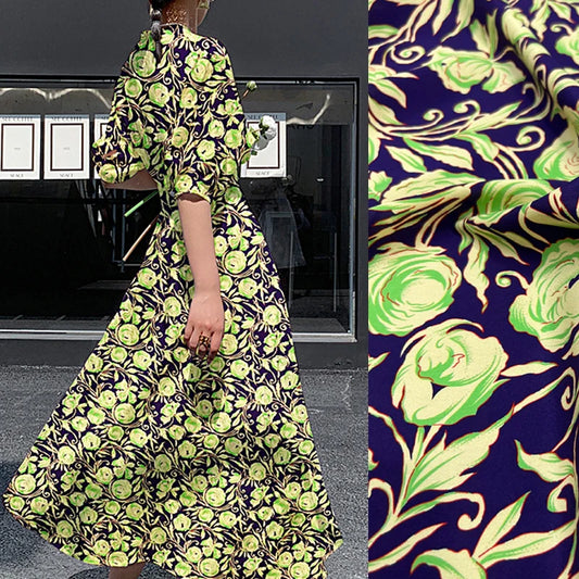 140CM Wide 18MM Silk Crepe de Chine Fabric Stretch-Green Floral on Blue Printed Design for Thin Pants Dress Soft Fabric DIY Sewing Material D1602