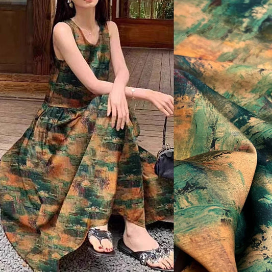 47'' Width 25MM Thickness Soft and Comfortable Gambiered Guangdong Silk Fabric Material by Yard with Water Lily Print for DIY Sewing Spring Summer Blouse Cheongsam Dressmaking R388