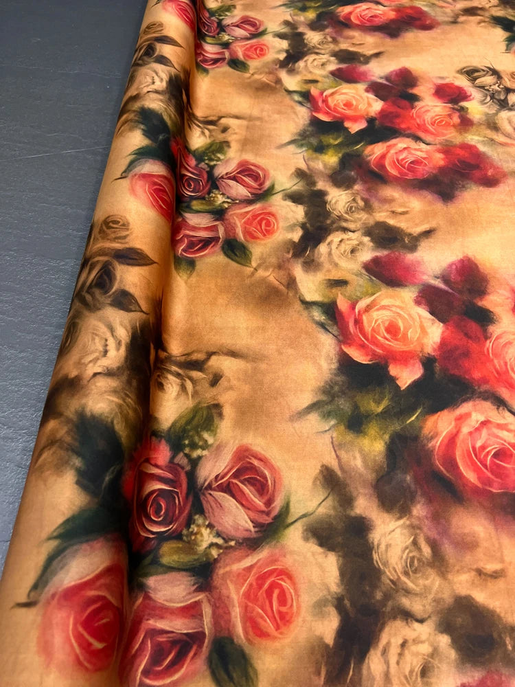 Stretch Gambiered Gauze Silk Fabric with Red Rose Printed Design for Cheongsam Horse Face Skrit Dress Pants 47'' Wide 25MM Thick,DIY Sewing Material E1563