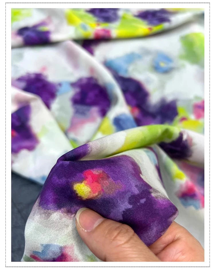 18m/m Spandex Mulberry Silk Crepe de Chine Fabric for Sewing Comfortable Dresses,Pajamas,Clothing,Pants or DIY Crafts Material 55" Wide Sold by 1 Meter 1 Yard(Purple Floral Print on White) D1320