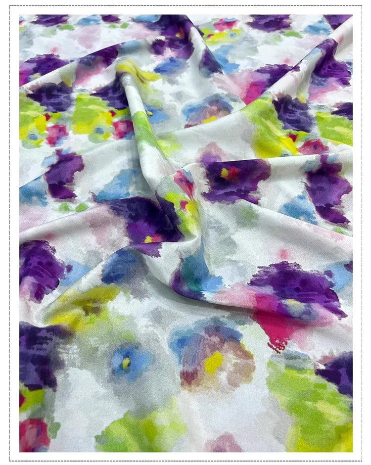18m/m Spandex Mulberry Silk Crepe de Chine Fabric for Sewing Comfortable Dresses,Pajamas,Clothing,Pants or DIY Crafts Material 55" Wide Sold by 1 Meter 1 Yard(Purple Floral Print on White) D1320