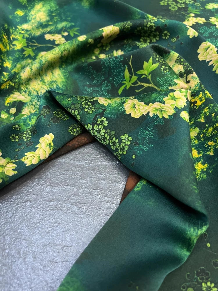 Luxurious 47'' Wide 25MM Thickness Silk Spandex Fabric by Yard with Green Plants Print - Perfect for Dress & Cheongsam DIY Sewing Silk Fabric Material - D1251