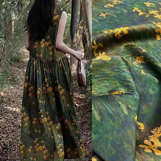 Yellow Floral Printed on Grass Green Gambiered Guangdong Silk Fabric by Yard for Blouse Cheongsam Pants Dressmaking - 47'' Wide 25MM Thickness DIY Sewing Material R391