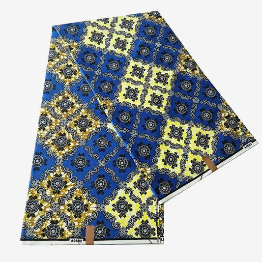 African Style Yellow Blue Square Printed Cotton Fabric for Summer Clothing Cushions,Perfect for Home Decor DIY Sewing R1056
