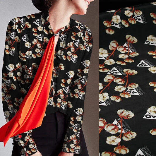 43'' Wide 12MM Cotton Printed Black Thin Silk Crepe de Chine Fabric Silk Fabric for DIY Sewing Summer Dress Pants Pajamas R1841 fabric
