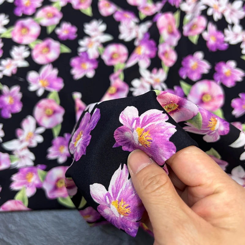 140CM Wide 18MM Silk Crepe de Chine Fabric,Stretch Silk Fabric for Thin Cheongsam Pants Dress Purple Floral on Black,DIY Sewing Material D1689