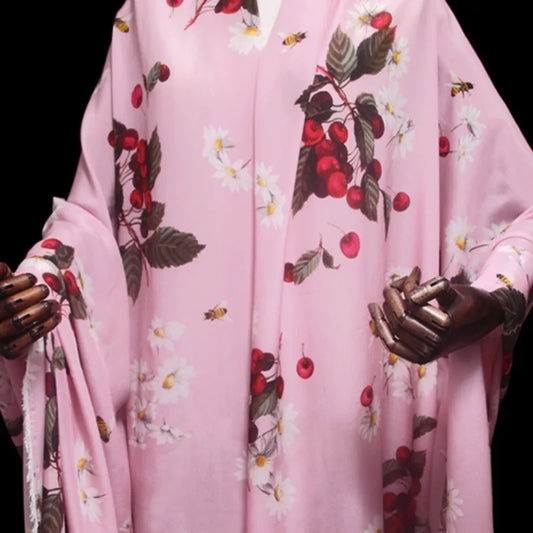 42.5'' Wide 12MM Thin Silk Crepe de Chine Fabric with Bee and Cherry Print for DIY Sewing Summer Pink Dress Pants Pajamas R1852