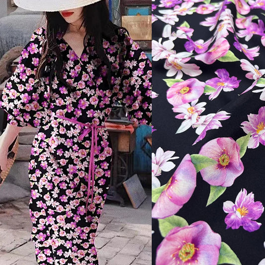 140CM Wide 18MM Silk Crepe de Chine Fabric,Stretch Silk Fabric for Thin Cheongsam Pants Dress Purple Floral on Black,DIY Sewing Material D1689