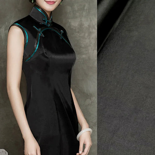 47'' Wide 26MM Black 93% Silk 7% Spandex Stretch Guangdong Silk Fabric by Yard for DIY Sewing Dress Cheongsam Heavy Silk Fabric D1160