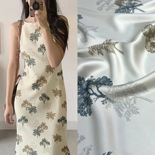 Trees Print on White Silk Satin Fabric 140CM Wide 20MM 93% Silk & 7% Spandex Dress Shirt Summer Stretch Silk Fabric for DIY Sewing D1450