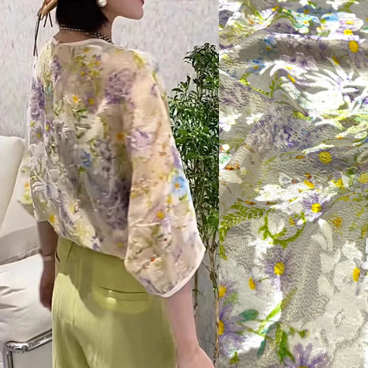Flocked Silk Fabric with Purple Floral Light Green for Autumn Spring Dress Cheongsam,55'' Wide Silk Golden Thread Fabric by Yard DIY Sewing Material R411