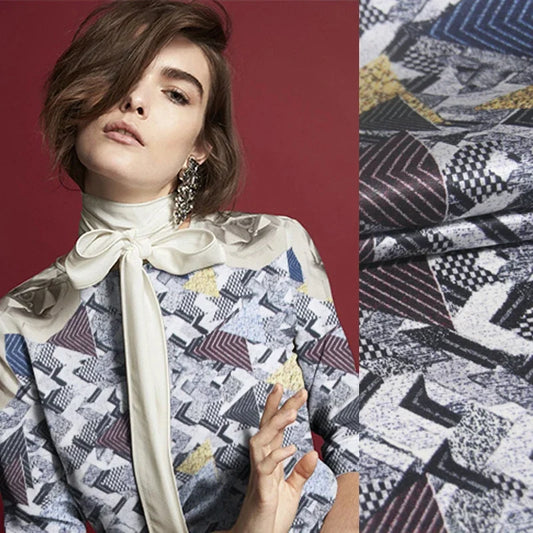 105CM Wide 20MM Geometry Print Gray Black Strech Silk Satin Fabric for Women's Blouse Dress Clothing Cheongsam Shirt,DIY Sewing Material C009