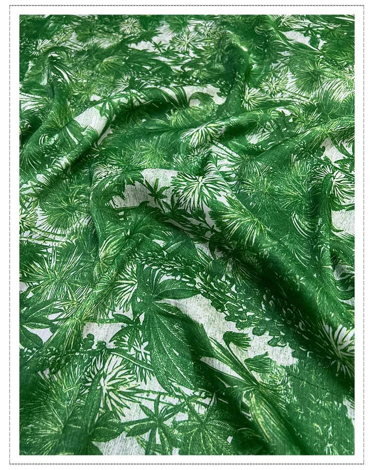 55'' Wide 15.5MM Green Printed 30% Silk 70% Linen Fabric by Yard for Summer Shirt Dress A Little Transparent and Hard Fabric DIY Sewing Material D1328