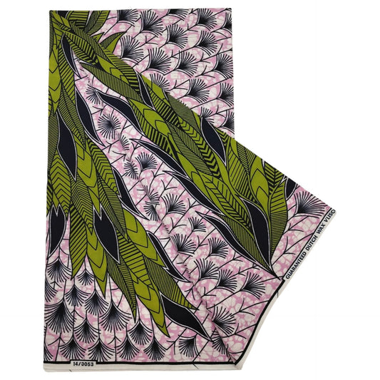 6 Yards Long DIY Pink Cotton African Wax Batik Fabric with Green Plants Print for Sewing Cushion Covers Sofa Summer Clothes Pants R1215