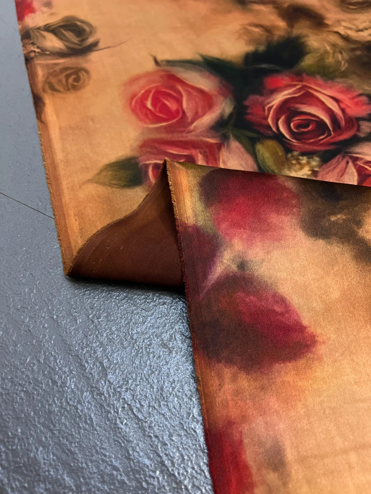 Stretch Gambiered Gauze Silk Fabric with Red Rose Printed Design for Cheongsam Horse Face Skrit Dress Pants 47'' Wide 25MM Thick,DIY Sewing Material E1563