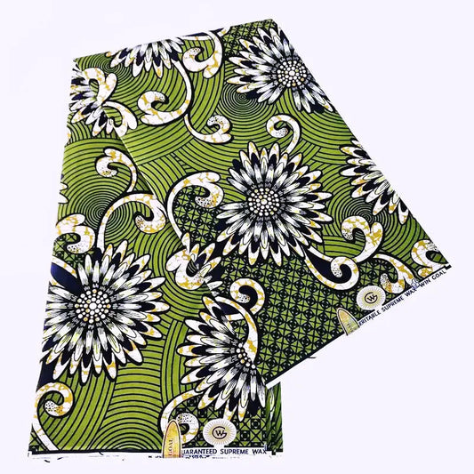 6 Yards Long 115CM Wide,Green African Wax Batik Fabric with Floral Print,DIY Clothing Curtains Sofa Cushion Cotton Fabric R982