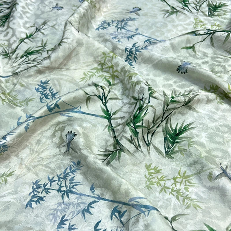 Jacquard Silk Fabric-45'' Width,17MM Thick, Thin Fabric for Summer Dresses Pants Blue Green Bamboo Print Fabric-DIY Sewing Material D1546