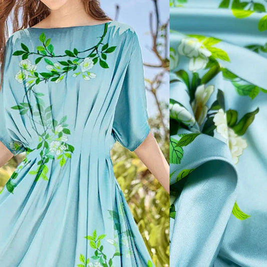120*120CM 19MM Floral Print 93% Silk 7% Spandex Stretch Silk Satin Fabric for Green Dress Cheongsam Pants,DIY Sewing Material D1159