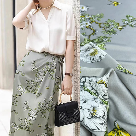White Floral Yellow Birds Printed on Gray Silk Threaded Satin Fabric Material by Yard 55'' Wide 20MM Thickness for DIY Sewing Summer Dress Shirt Pants R355