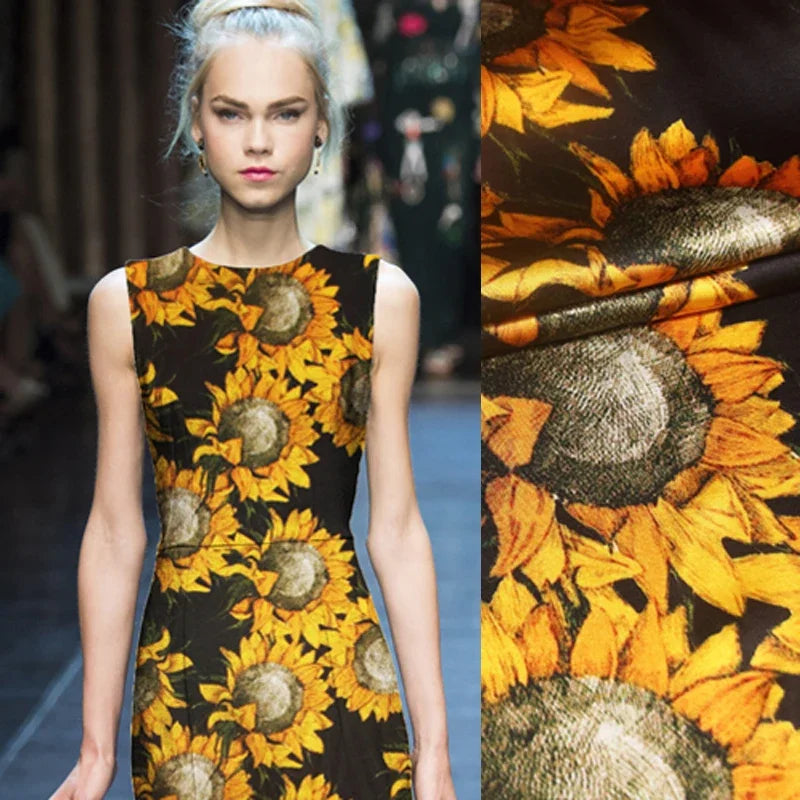 Yellow Sunflower Print 95% Silk & 5% Lycra Strech Silk Satin Fabric for Blouse Dress Clothing Cheongsam 105CM Wide 91G/M,DIY Sewing Material C007