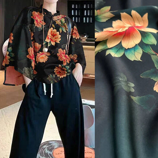 Orange Floral Printed on Black 47'' Wide 25MM Gambiered Gauze Silk Fabric Design for Cheongsam Horse Face Skrit Dress Summer DIY Sewing Material by Yard E1593