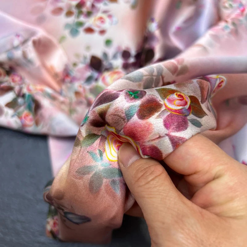 Soft and Smooth Silk Satin Fabric with Rose Printed on Pink Blue 140CM Wide 19MM Satin for DIY Sewing Summer Dress Clothing Pants R348